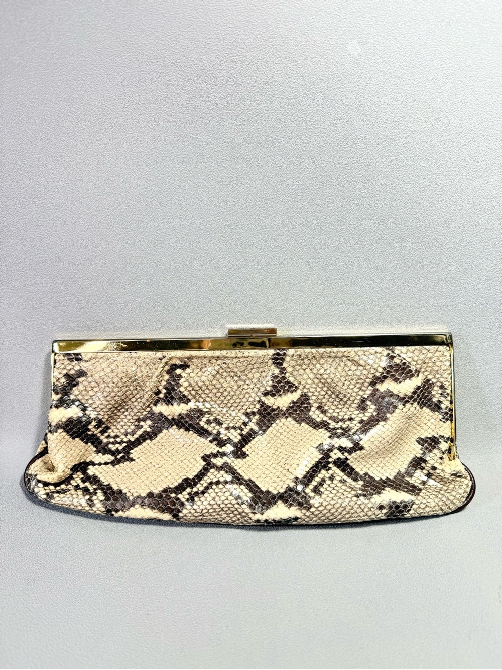 Christopher Kon Python Cream & Brown Snakeskin Gold-Tone Framed Clutch